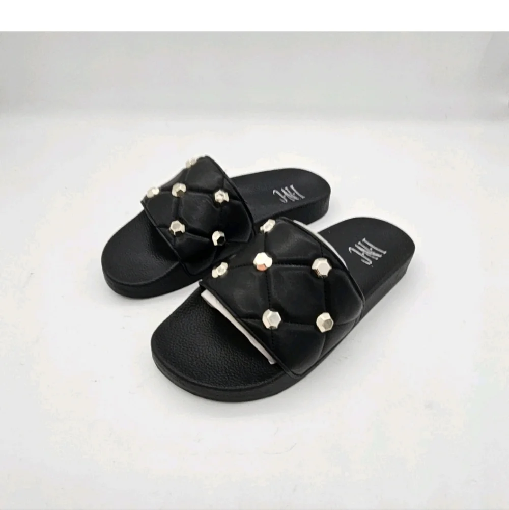 INC Womens Slide Sandals Quilted Peymin Faux Leather Round Toe Slip On Black 6 M